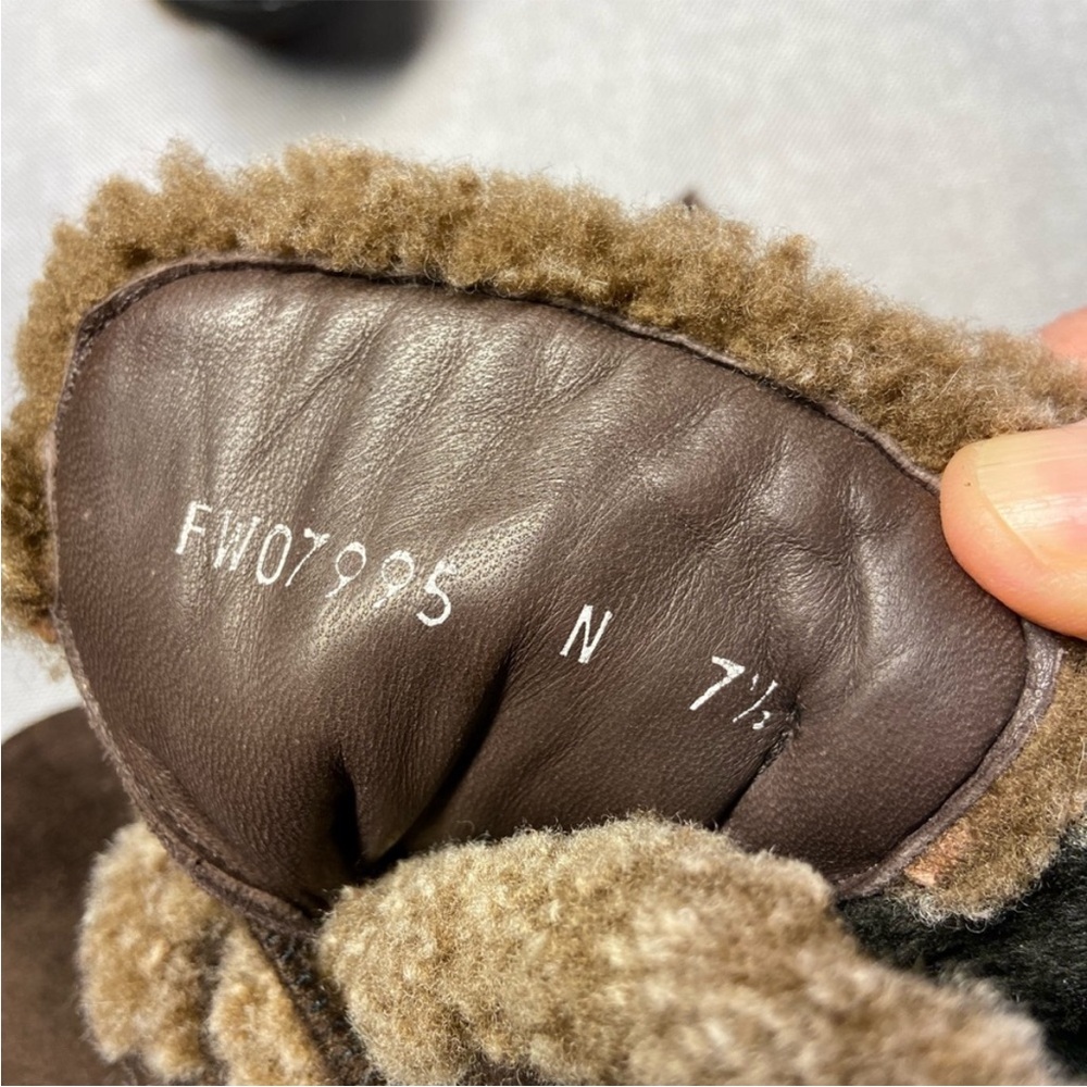 Stuart Weitzman Brown Suede Shearling-Lined Shoe with buckle closure & lug sole - Picture 11 of 12